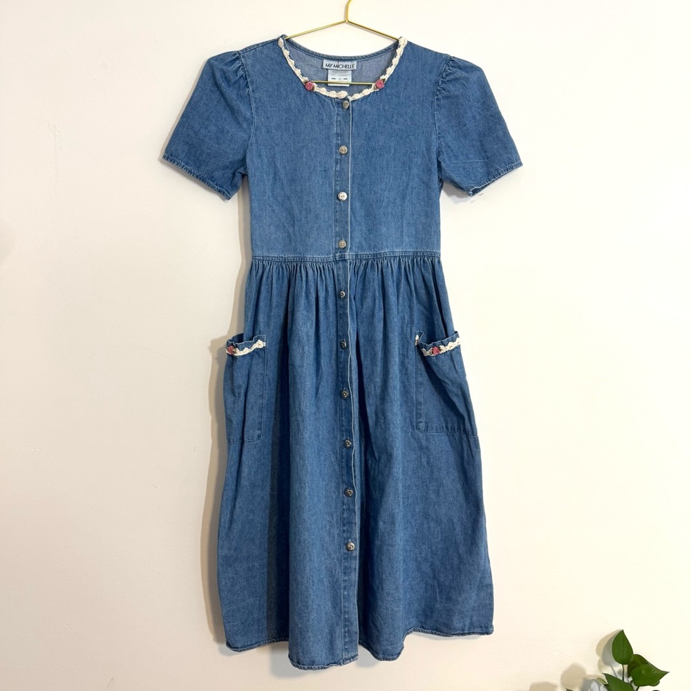 SOLDMy Michelle Vintage Blue Denim Modest Prairie Midi Button Down Dress Floral - Picture 2 of 9